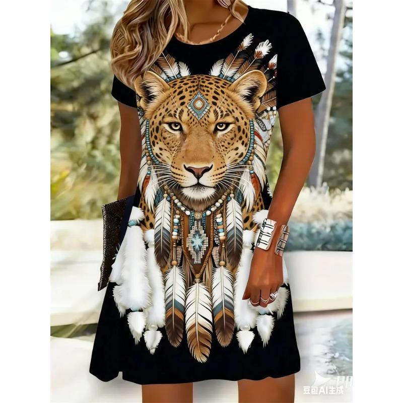 Summer Ladies 3D Printed Crew Neck Short Sleeve Dress Fashion Versatile Trend Breathable Casual S