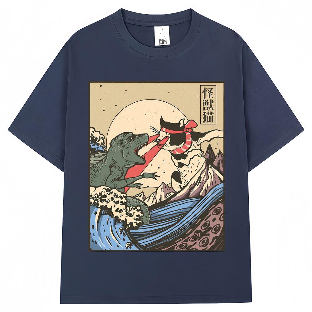 Japanese Style Kaiju Vs Cat Funny Meme Graphic Tshirts Men Women Fashion Vintage Manga T Shirts Oversized Cozy Cotton T Shirt