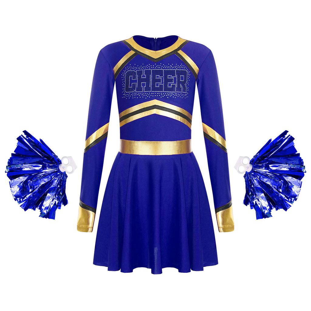 Girls Long Sleeve Cheerleading Costume Sparkly Rhinestones Letter Design Metallic Dress Hand Flowers Set