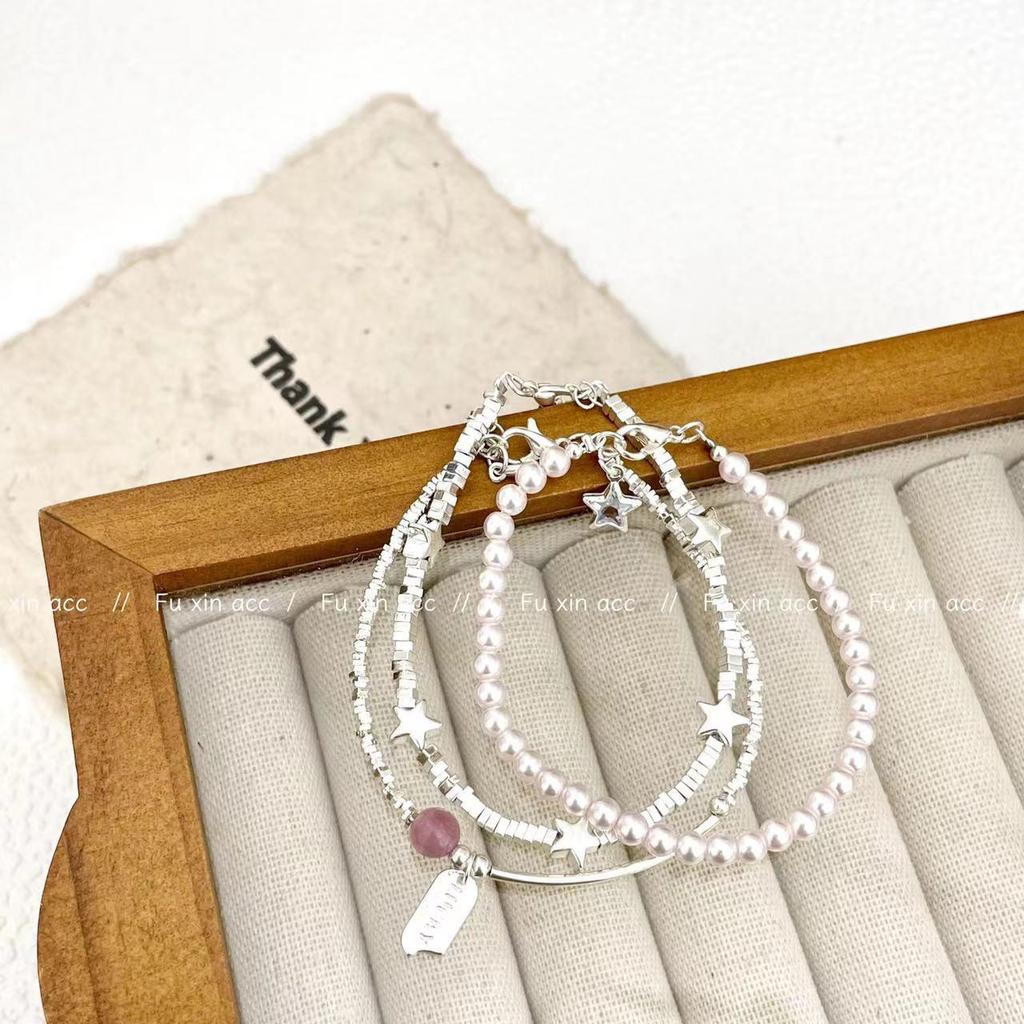 Exquisite Silver Star Bracelet for Women: Light Luxury, Niche Pearl Beads & Square Design