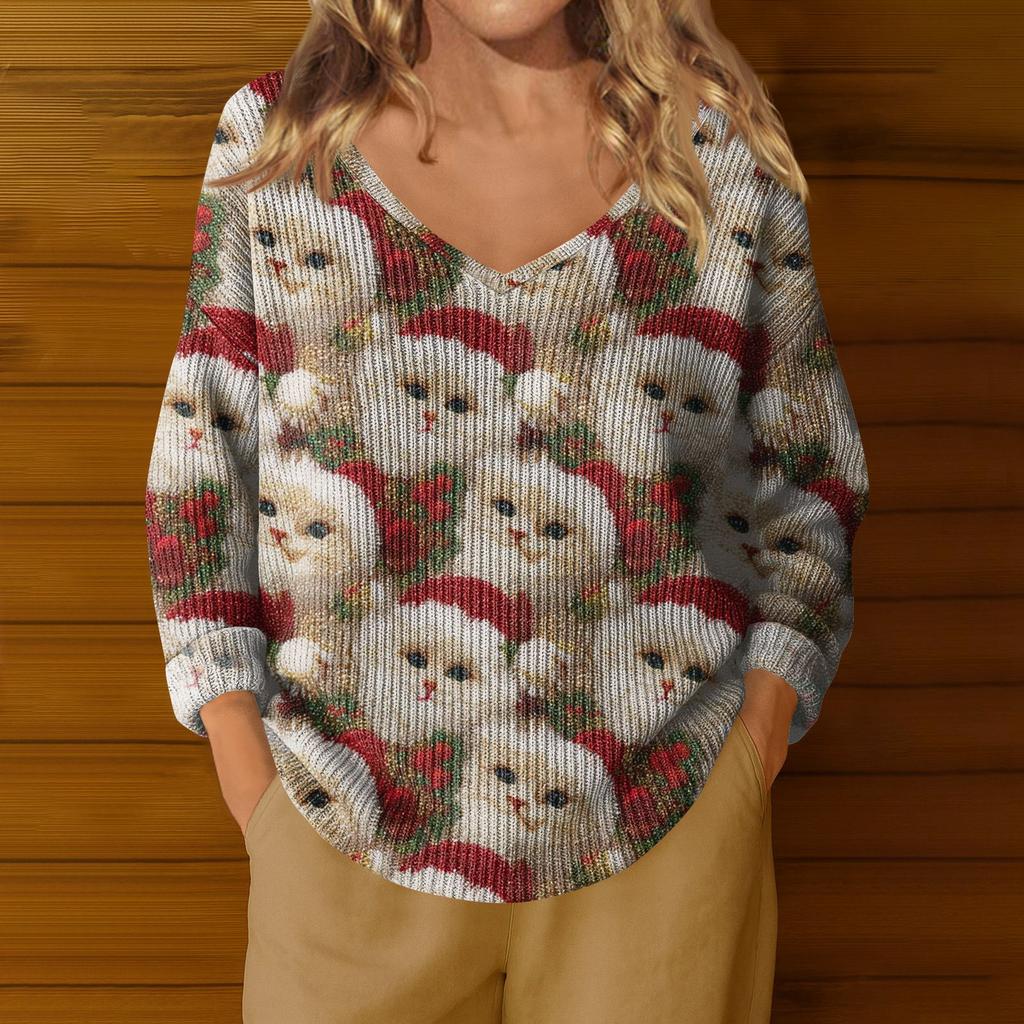 Women's Casual V-Neck Long Sleeve Knitted Christmas Print Pullover