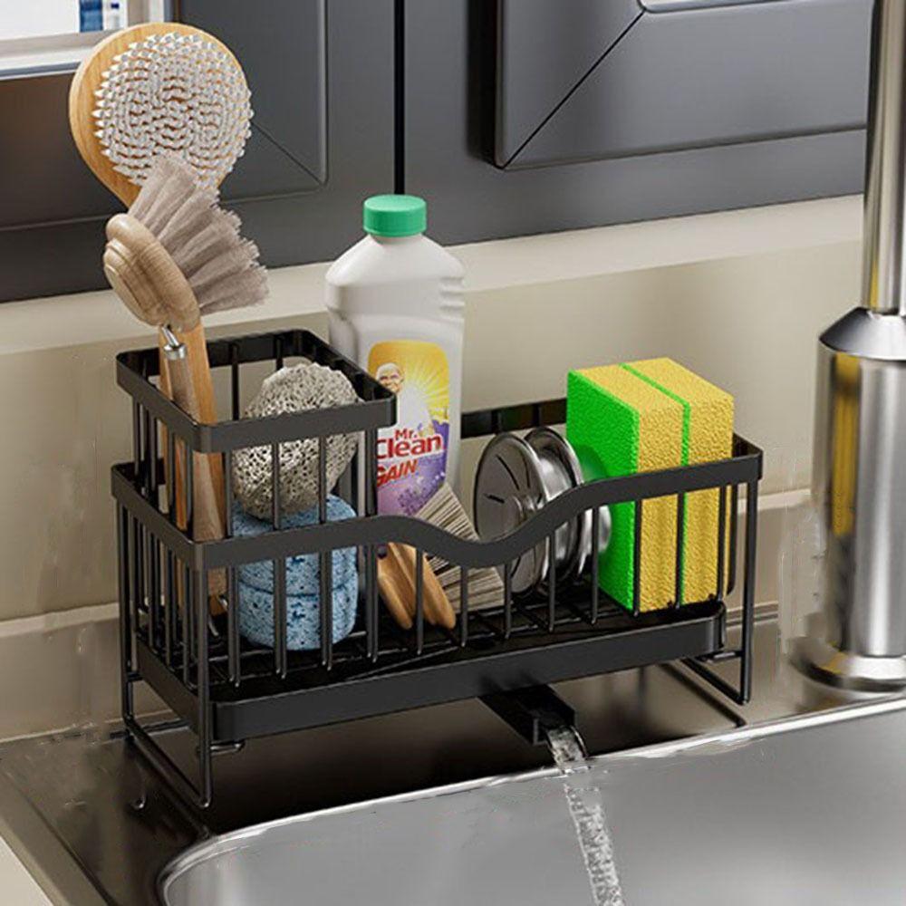 Waterproof Self-Draining Sink Shelf Black/Silver Sink Drain Rack Soap Sponge Holder Countertop