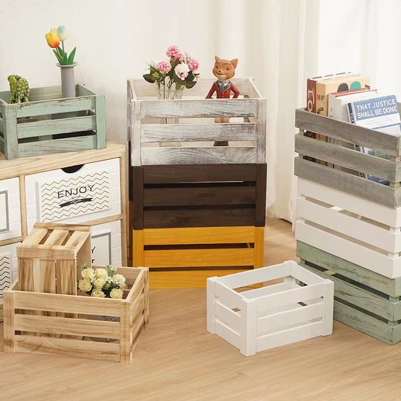 Distressed Wooden Rectangular Basket for Fruit & Vegetable Display