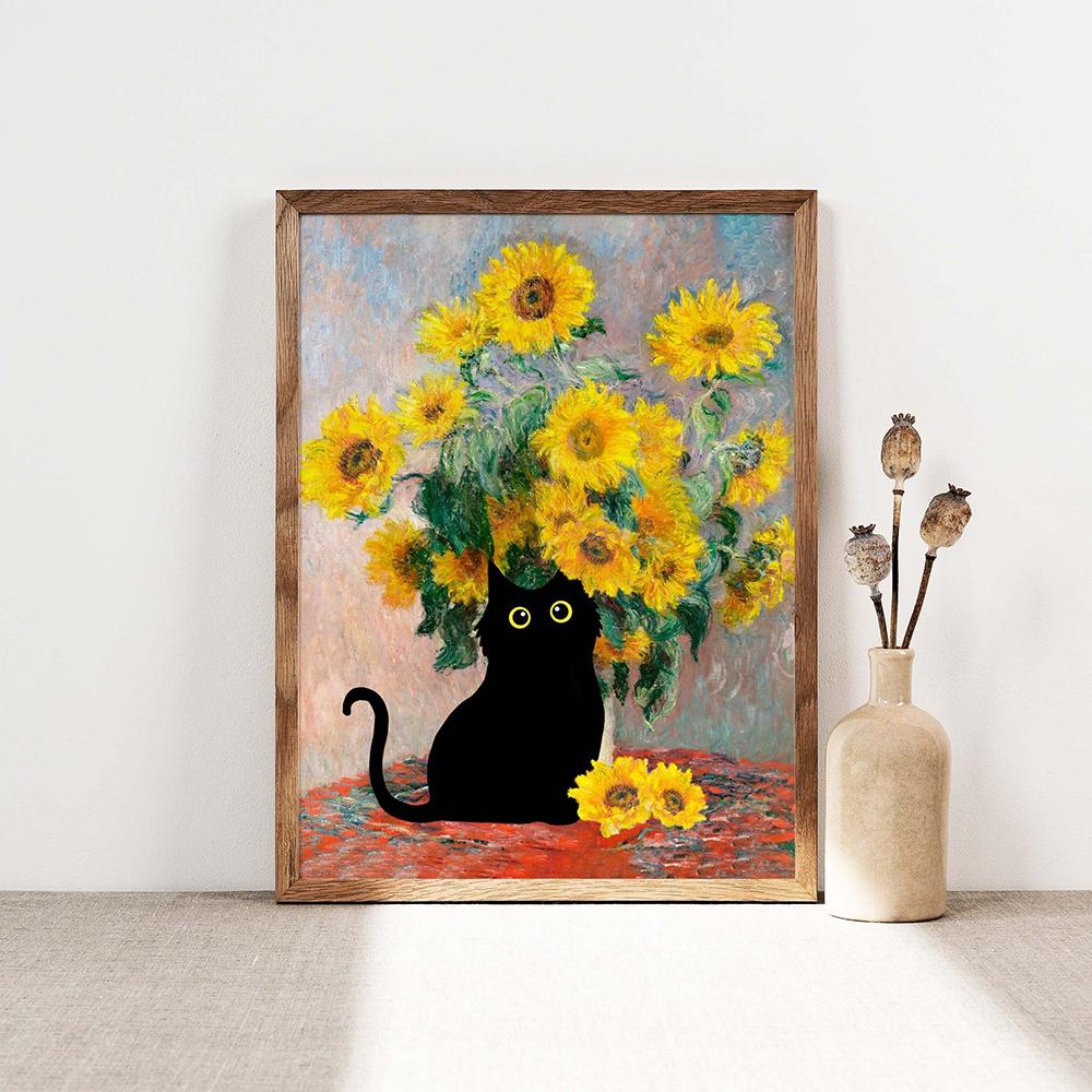 Funny Cat Art Poster Black Cat Swoop Van Gogh’S Sunflower Prints Canvas Painting Monet Flower Wall Art Picture Living Room Decor