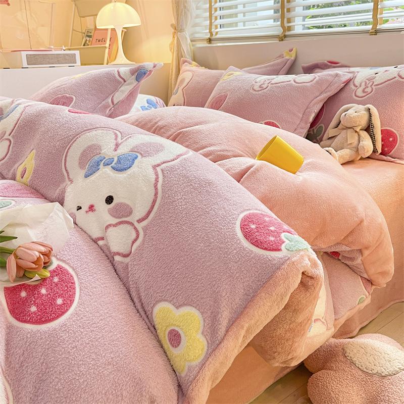 Cartoon Coral Fleece Four-Piece Set, Thickened Milk Fleece Sheet Quilt Cover, Snowflake Fleece Bed Three-Piece Quilt Cover