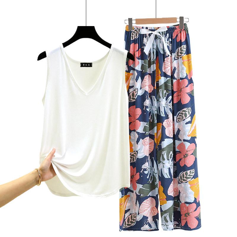 Lockere Modal-Pyjama-Sets Sommer V-Ausschnitt Tanktop und Florale Weite Hosen Lässiger Hausanzug ärmellos Loungewear Übergröße