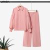VONDA Women Turn Down Collar Long Sleeve Striped Print Slim Waist Casual Blouse Shirts