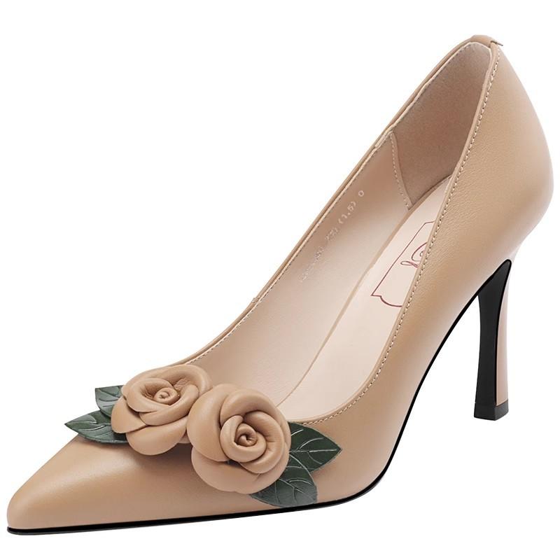 

French small fragrant style medium heel color matching camellia pointed single shoes women s high heels autumn thick heel light mouth versatile w 35