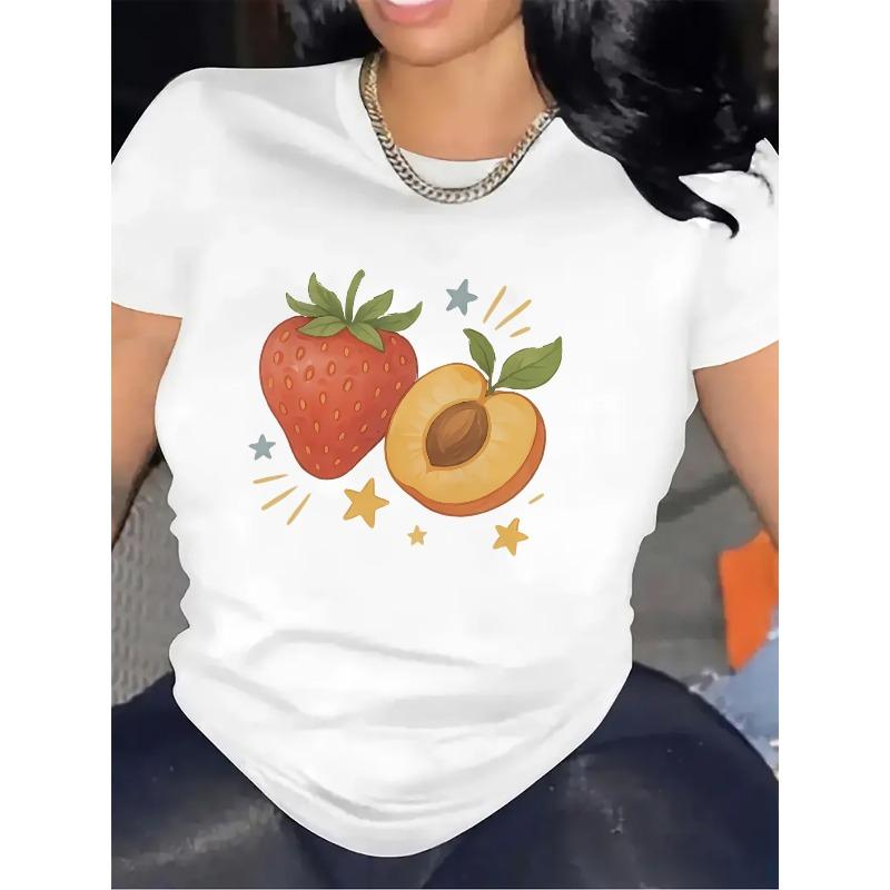 Cotton Short Sleeve T-Shirt with Strawberry and Peach Print, Lightweight and Durable, Perfect for Casual Wear At Home or Restaurant,