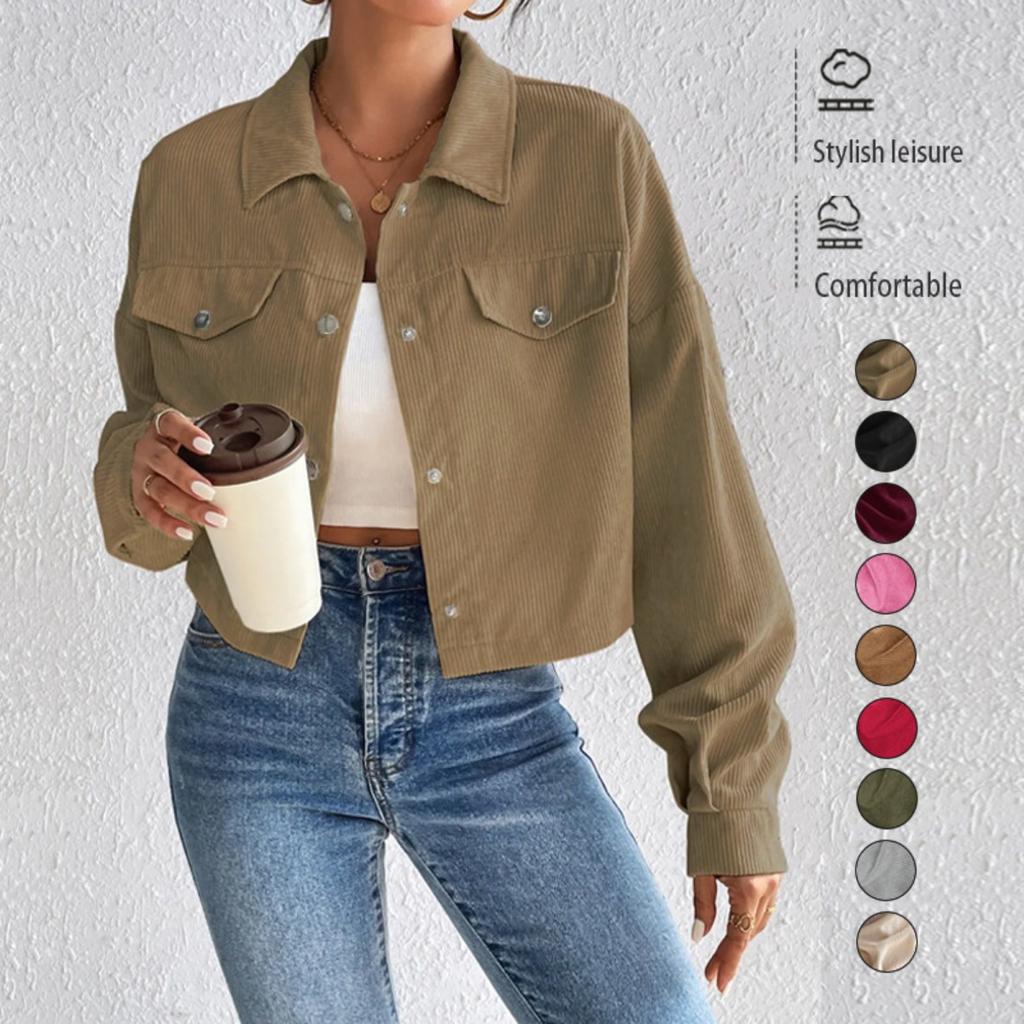 Temperamentní úzký krátký kardigan na zip s klopou a manšestrovou bundou