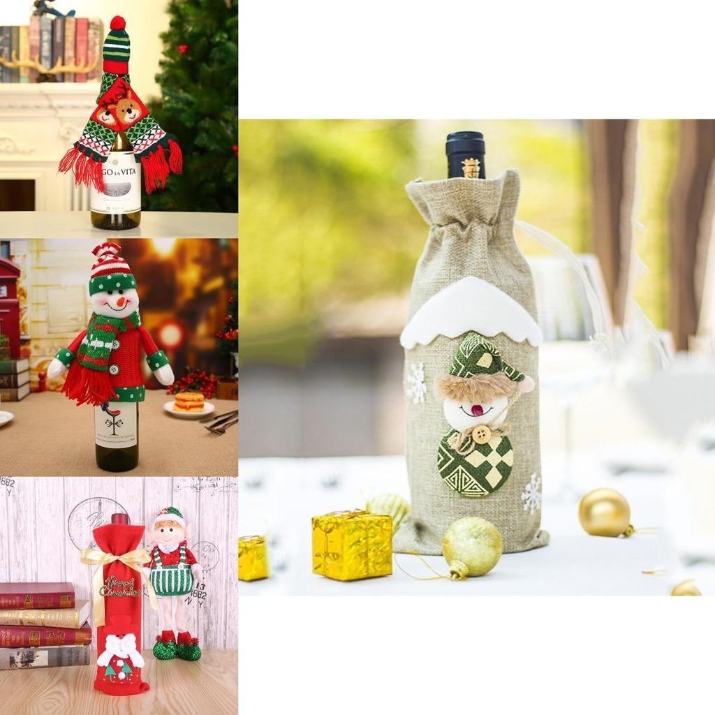 Charming Red Wine Bottle Cover Bags With Santa Claus And Snowman For Holiday Cheer