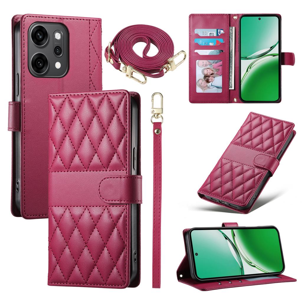 Pro Oppo Reno14 Pro 5G (Globální) Pouzdro Prošívané kosočtvercovým vzorem Peněženka Stojánek Kožený kryt na telefon s dlouhým/krátkým popruhem