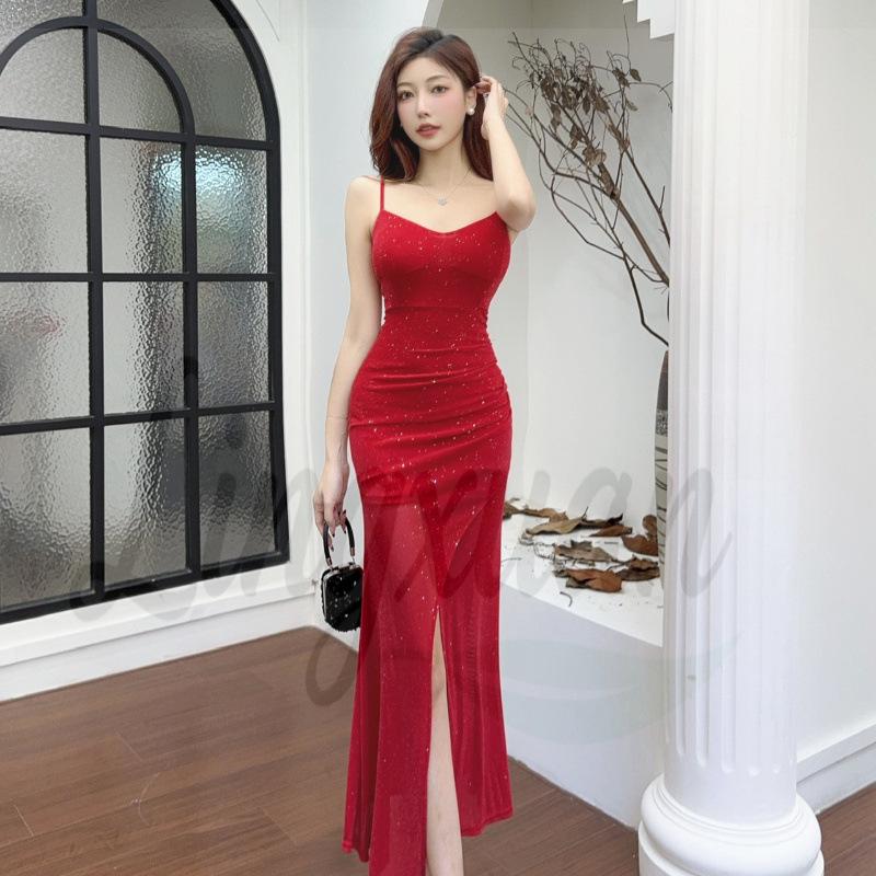 High-End Celebrity Mesh Spaghetti Strap Bodycon Dress with Slit
