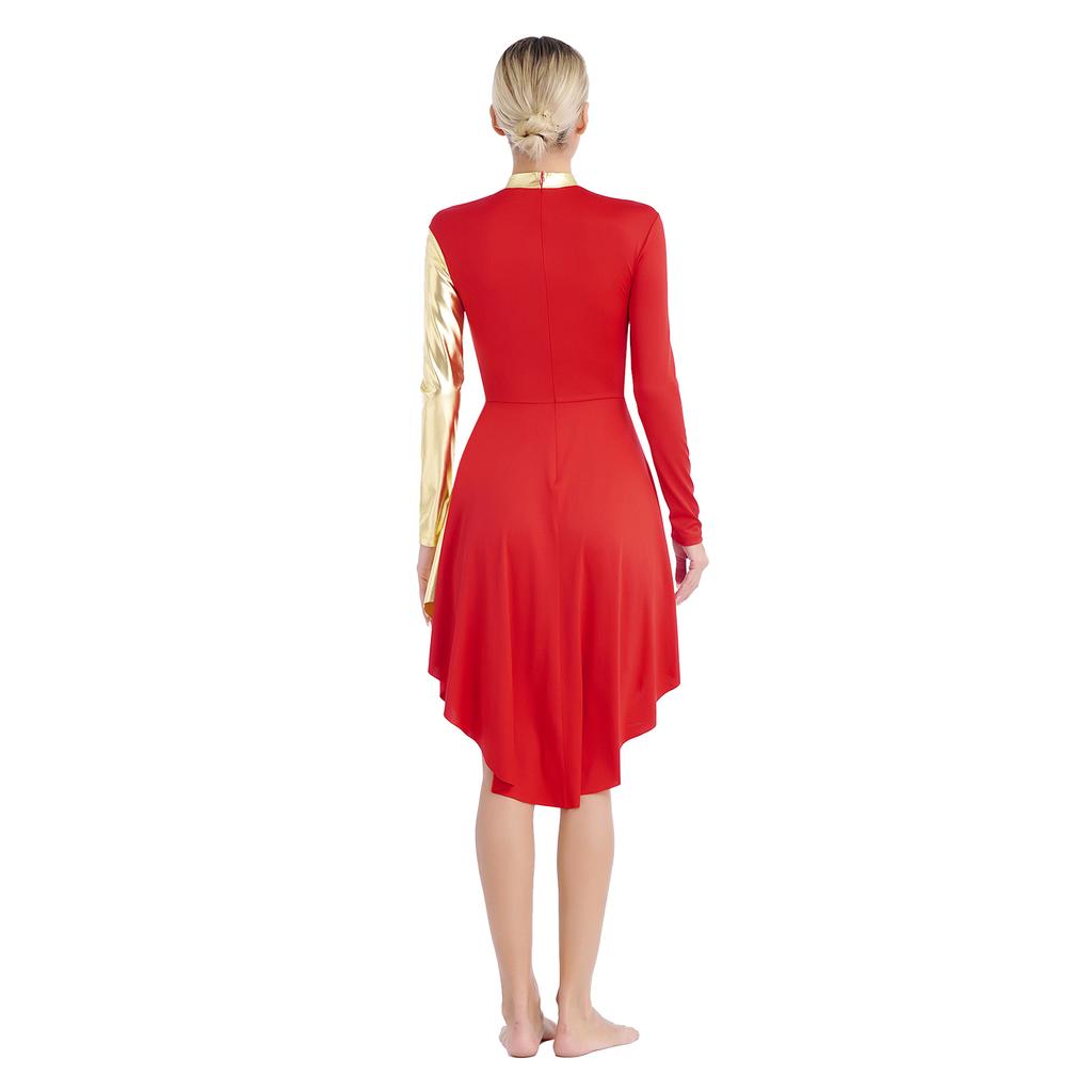 Vestido de Dança Litúrgica Feminino Gola Alta Manga Longa Patchwork Cor Contrastante Bainha Curva Vestido de Adoração