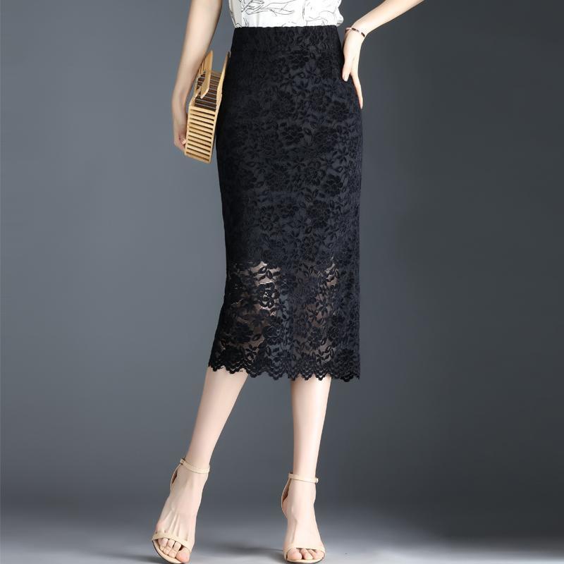 

2024 Летняя женская узкая кружевная юбка миди с разрезом M чёрный