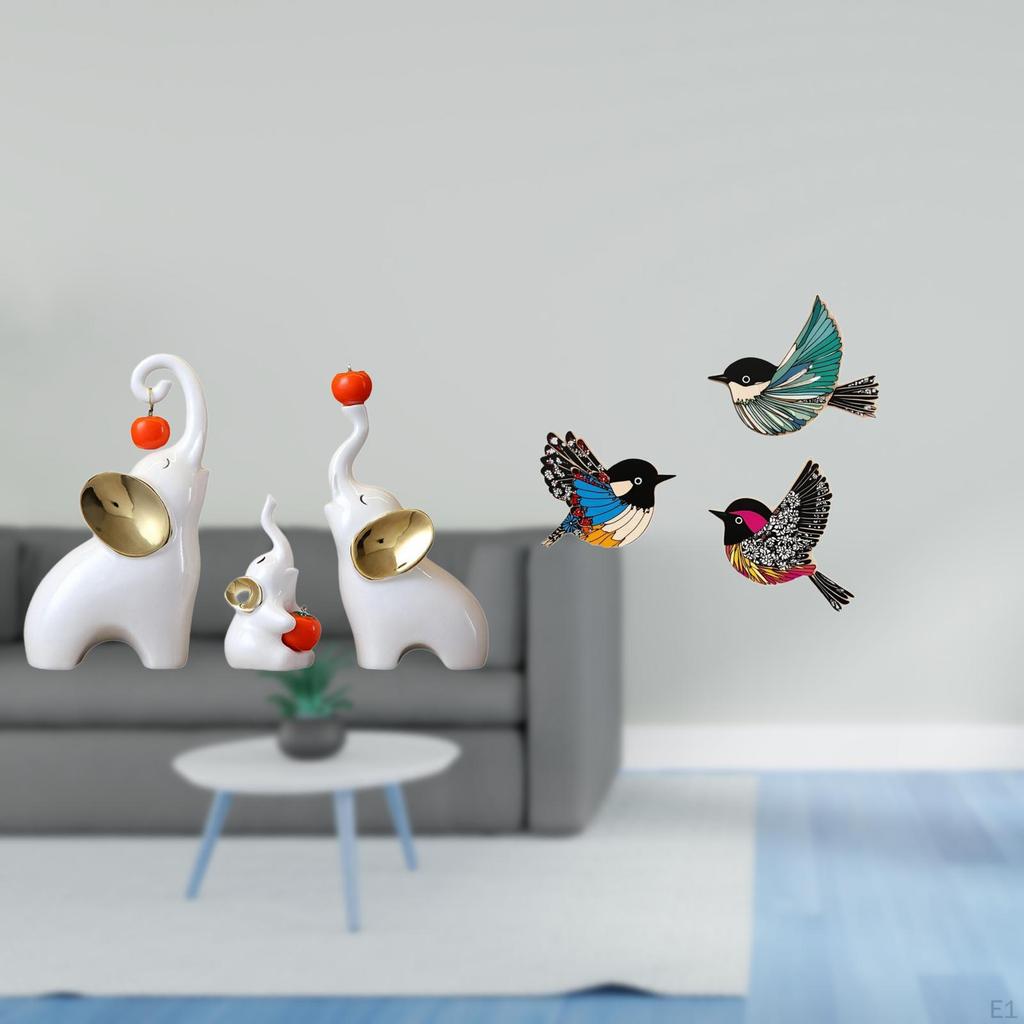 Elephant Family Figurines And Wooden Bird Wall Art Sculptures for Desk Living Room Bedroom Garden