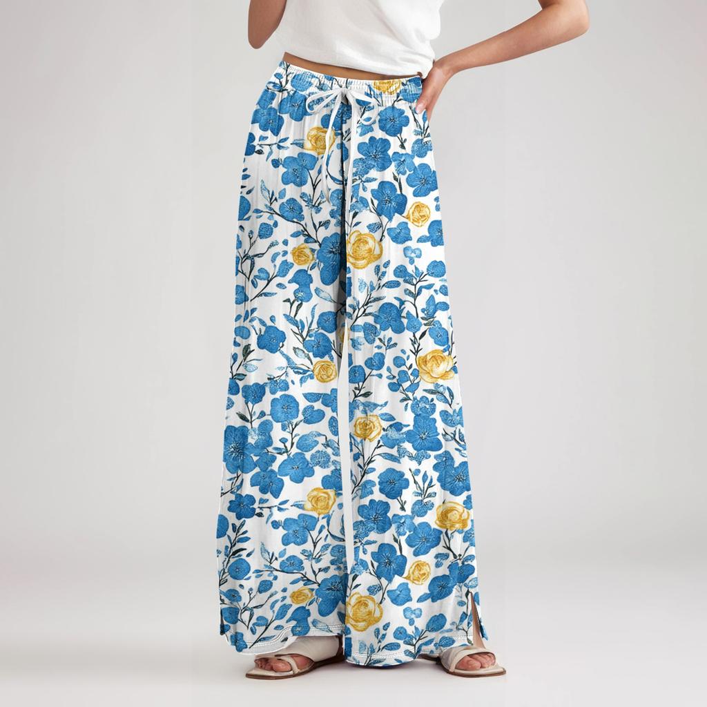 Women's Loose Casual Floral Print Wide Leg Pants With Elastic Waist Drawstring And Pocket Pants