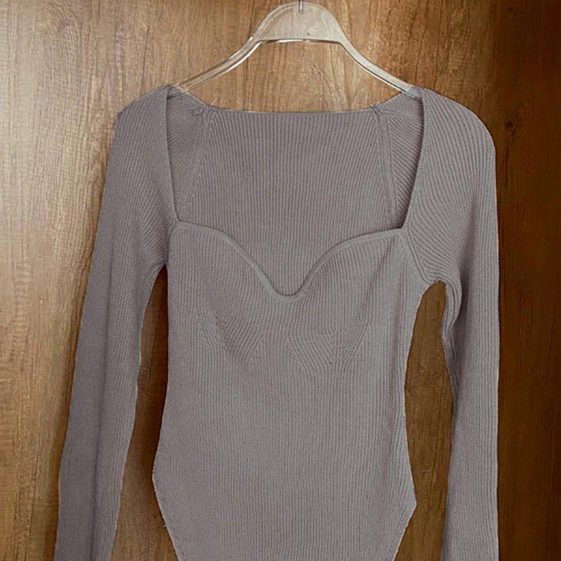 Square Collar Long Sleeve Woman Sweaters Knitted Pullover Wo