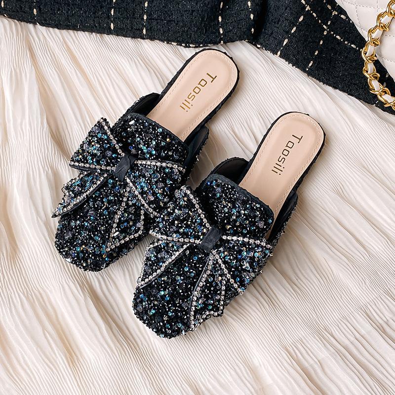 Fashion Plus Size 42/43 Glitter Sequins Shoes Woman Butterfly-Knot Slides Flat Low Heels Mule Ladies Comfy Slippers Crystal Sandals 2025