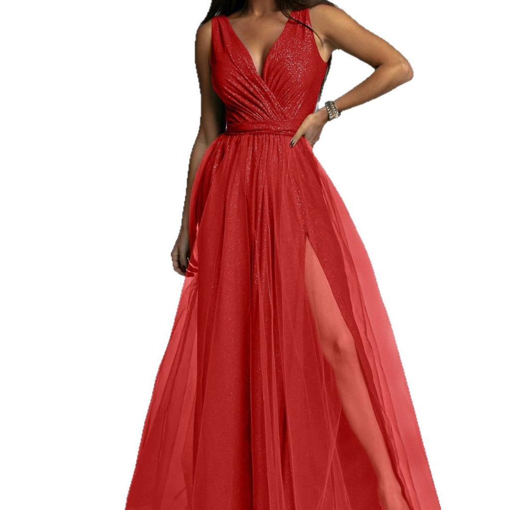 Europe and the United States Cross-border 2025 New Ma Xun Sexy V-neck Waist and Thin Split Fork Big Pendulum Shiny Dress Dress