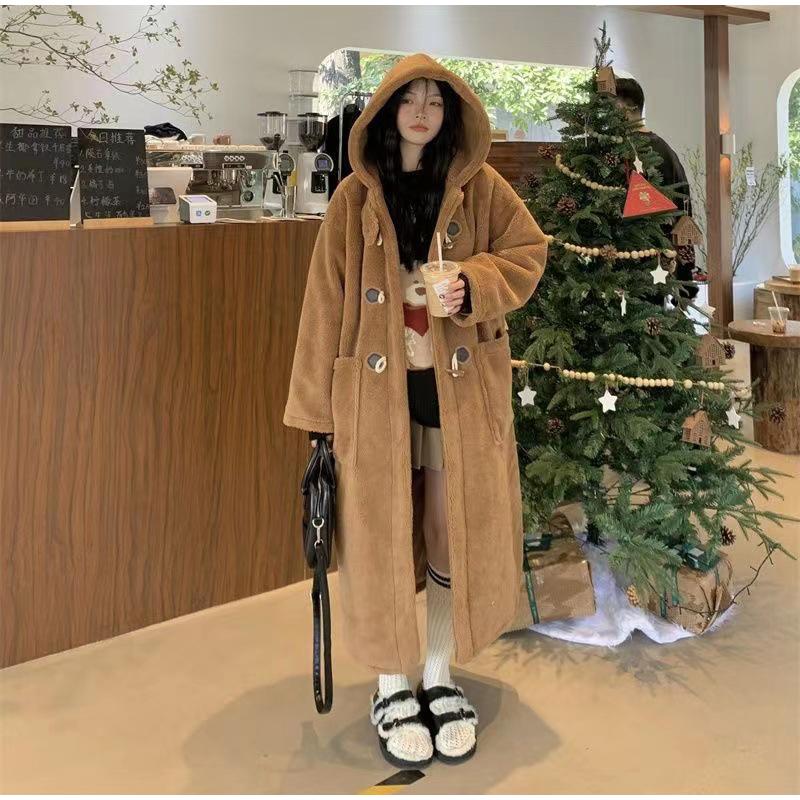 Mid Length Korean Thick Overcoat Cowhorn Button Loose Coat Winter Warm Female Fleece Hoodies Jacket Woman Lamb Wool Coats