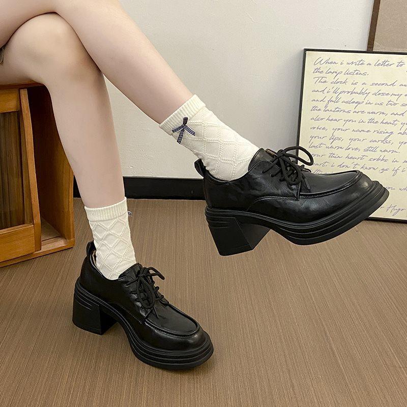 Deep-mouth High-heeled Shoes Platform Spring and Autumn Single Shoes Women's Retro Round Head Thick Heel New 2025 Lace-up British Style Small Leather