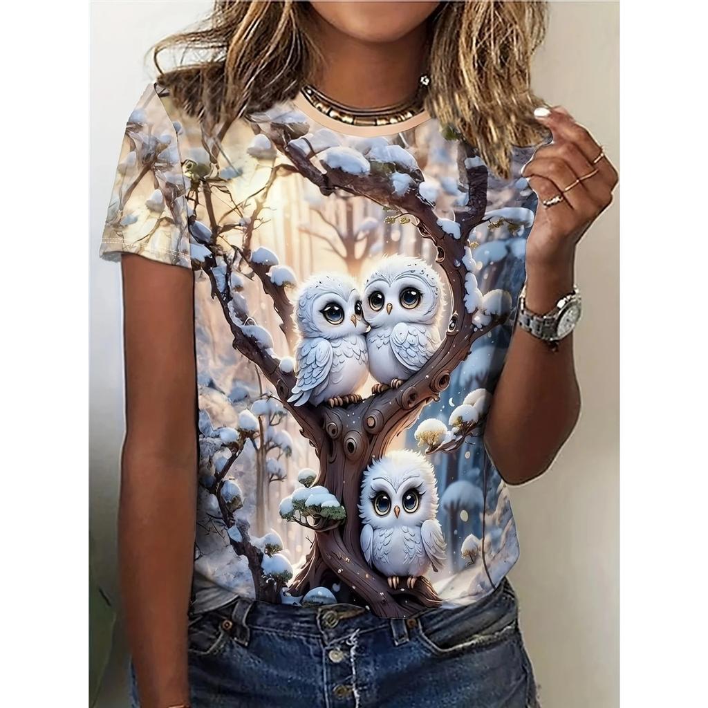 2025 Summer new women's 3D digital printed T-shirt creative animal pattern round neck casual short sleeve loose fashion top