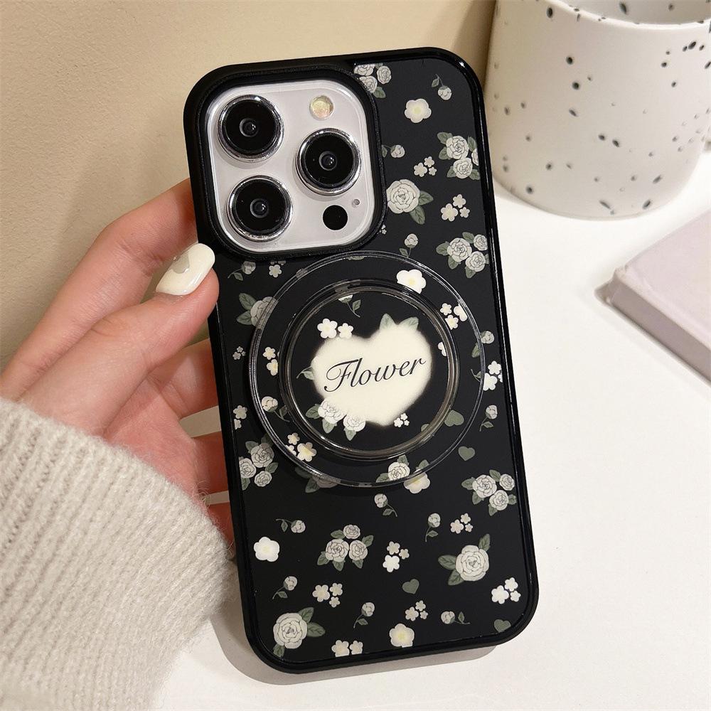 

Стильный черный чехол для телефона с цветочным принтом и магнитным держателем для моделей iPhone 11, 12, 13, 14 и Promax: Идеально подходит для женщин. iPhone 16 Plus