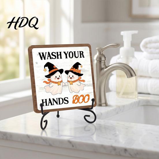 Bathroom Countertop Ornament Halloween Wooden Table Sign, Cute Spooky Ghost Plaque with Autumn Home Decorations Metal Stand for Kitchen Shelf