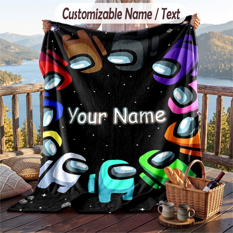 Among Us Flannel Blanket, Personalized Custom Name Text, Soft Warm Plush Throw Blanket For Gift