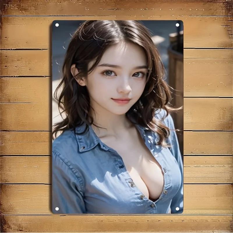 Retro Tin Poster Wall DecorMetal Sign Plate with Woman Face Artwork - /Korean Beauty Style Iron Poster for Hom