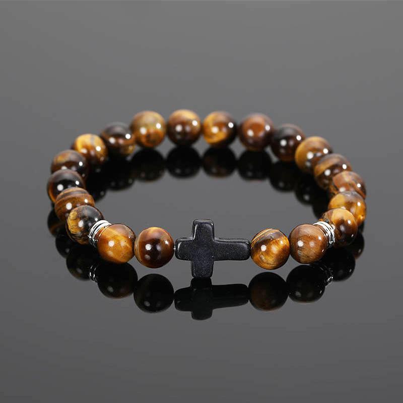 Natural Tiger Eye Quartz Turquoise Volcanic Stone Elastic Beaded Bracelets for Men Women Personality Cross Bracelet Jewelry Gift