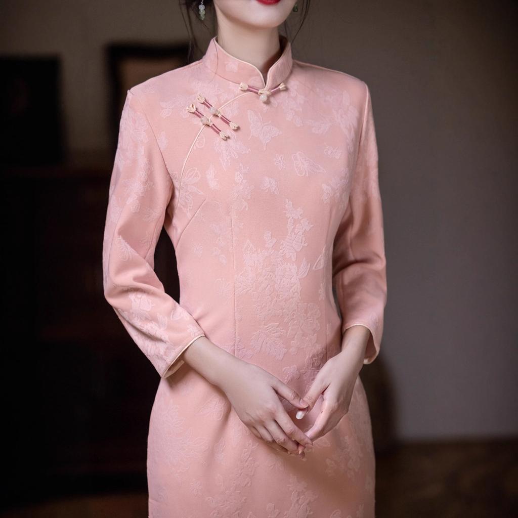 New 1011 autumn and winter national style improved jacquard cheongsam new Chinese large size long wedding ceremony performance generation