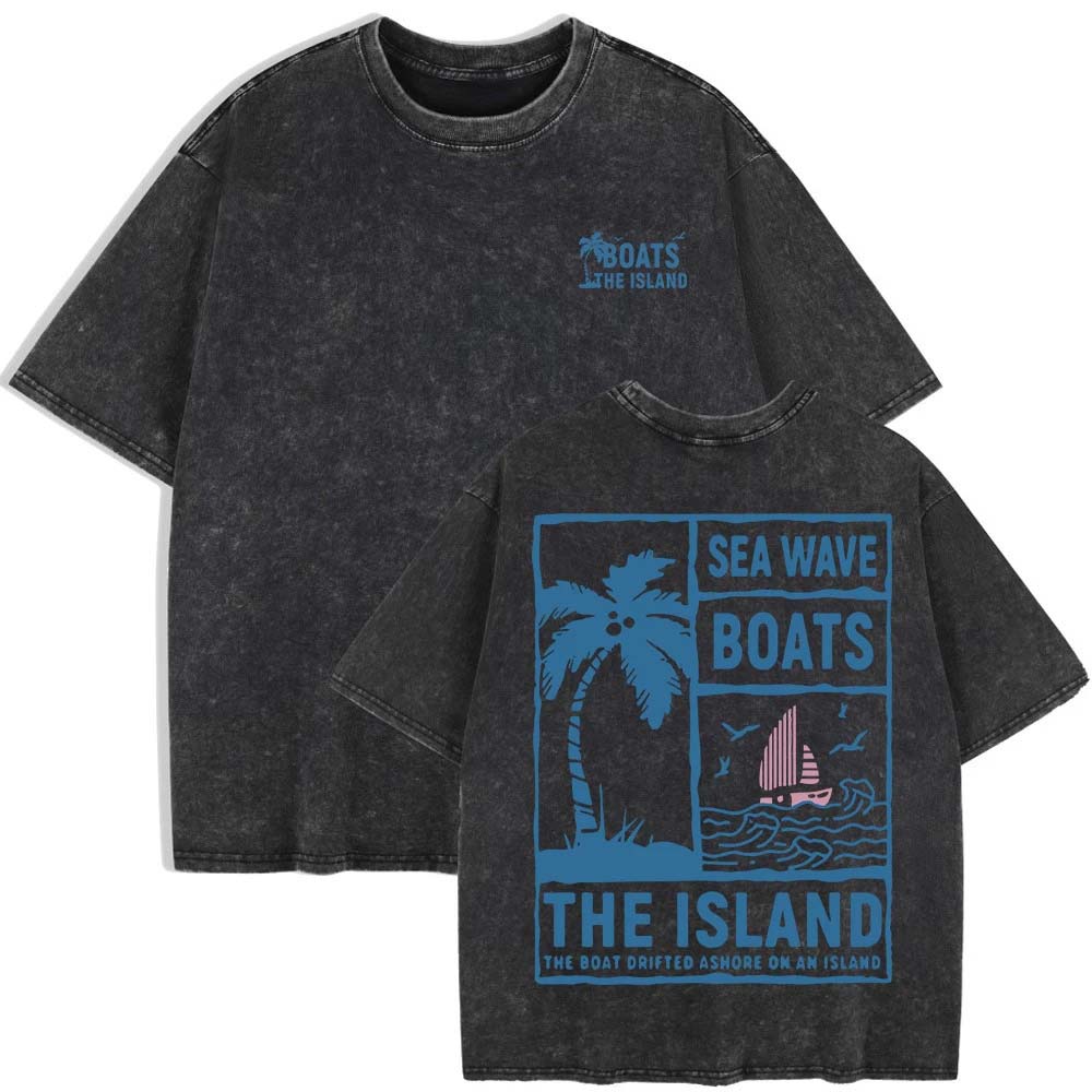 

Sea Wave Boats The Island Prints Washed T-Shirts Womens Cotton Short Sleeve Tops Summer O-Neck Oversize T Shirt Clothes S
