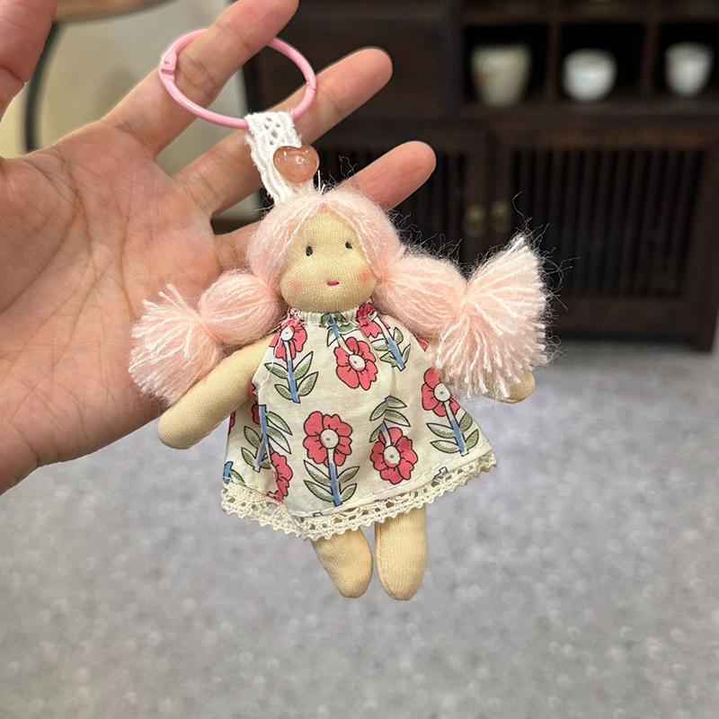 Cute Cartoon Doll In Floral Dress Keychain For Woman Girls Pendant Bag Decor Braid Accessory Fabric Toy Keyring Decoration