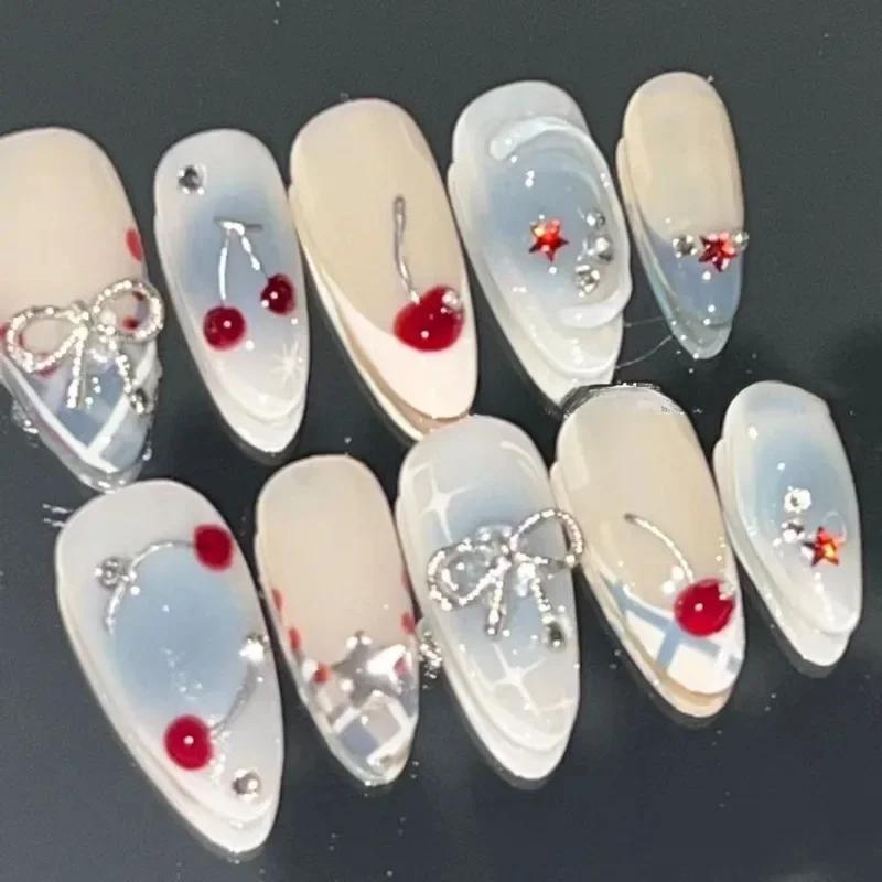 10Pcs Handmade Press on Nails French Almond Full Cover Cherries and Bow Design Fake Nails Sweet Cute Manicure Nail For Women