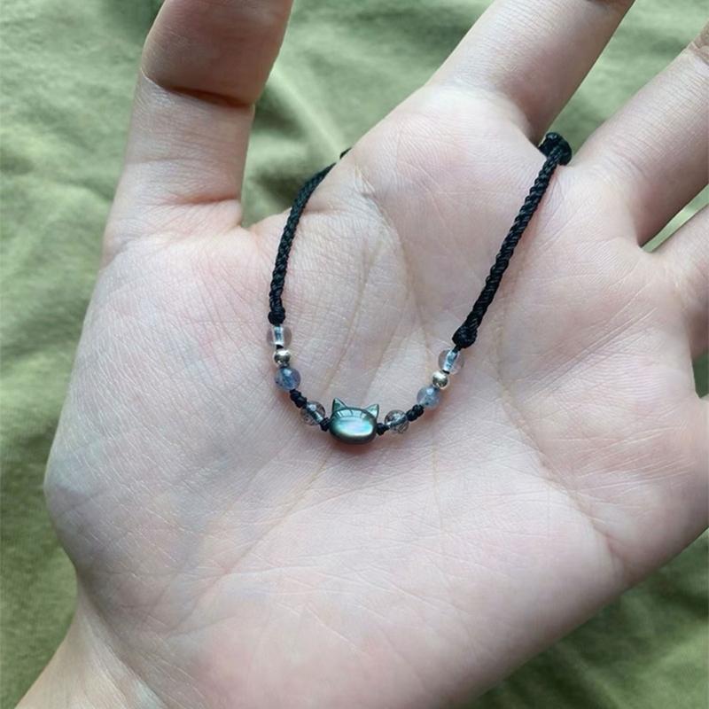 Set of 2 Cat Pendant Handchain Handcrafted Matching Bracelets with Shell Embellishments Handwoven Couple Wristchain