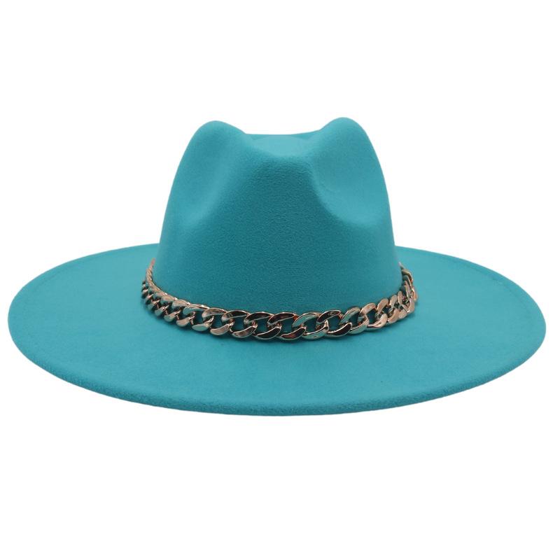Big Brim Gold Acrylic Chain Felt Hat Solid Color Cashmere Jazz Hat French Top Hat