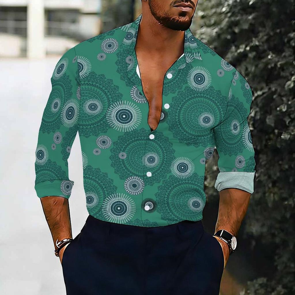 Chemise Homme à Col Jaune Imprimé Cachemire Diamant Floral Multicolore Manches Longues Boutonnée