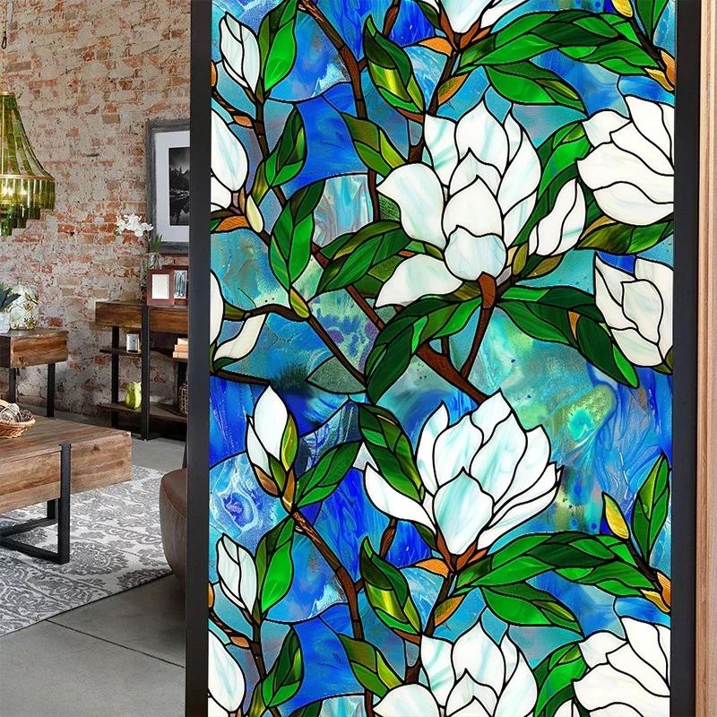 45x100cm Colorful Flower Stained Glass Film Static Cling PVC Privacy Window Film Home Living Room Office Art Decor