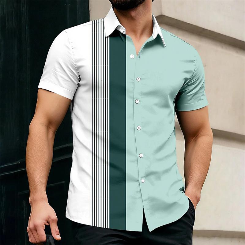 2026 Hot-Selling Summer Men's Color Block Striped Short-Sleeve Shirt, Outdoor Casual Slim Fit Collared Shirt, Hawaiian Shirt