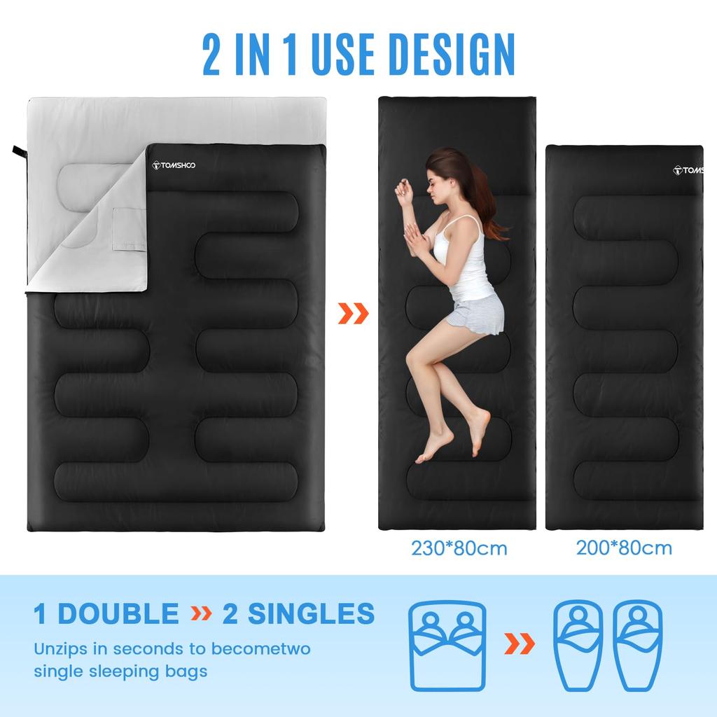 TOMSHOO Double Sleeping Bag with 2 Sleeping Envelope Thermal Waterproof Sleeping Disaster Sleeping In the Fully Comfortable Can Be Used In Fall and