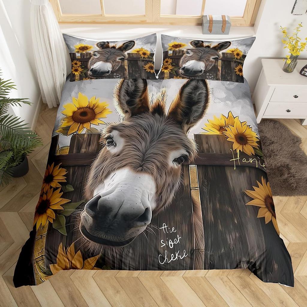Cute Donkey Duvet Cover Rustic Barn Door Full Bedding Set Farmhouse Decor Farm Animals Comforter Cover Sunflower Flower Bed Set
