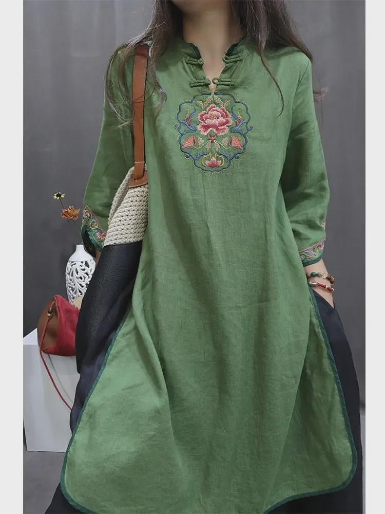 

Женское ретро китайское хлопково-льняное вышитое платье миди с рукавами 3/4 4XL (165-180 jin)