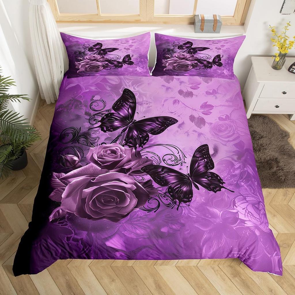 Comforter Butterfly Twin King Romantic Rose Flower Bedding Set 3Pcs For Boys Girls Room Botanical Floral Comforter