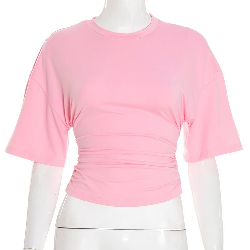 

Women Autumn Summer New Solid Color Crew Neck Pullover T-shirt, 5/4 Sleeve Loose Waist Slim Casual Blouse Top S рожевий