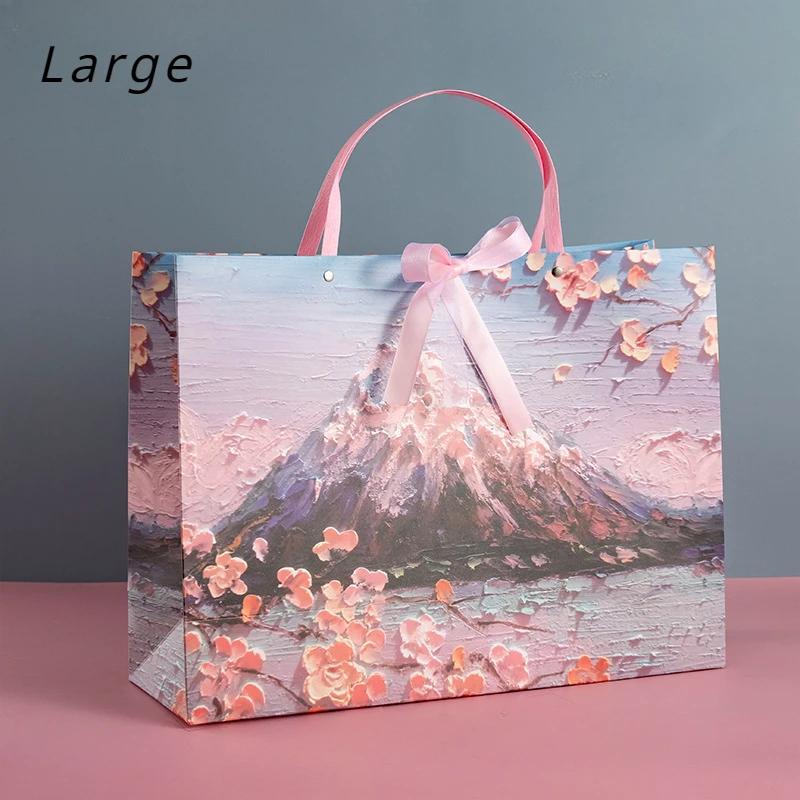 Snow Mountain Cherry Blossom Gift Bag, Exquisite Cosmetics Handbag, Bow Packaging Shopping Bag