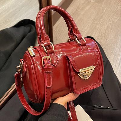 Damen Französische Retro Rote Handtasche Y2K Stil Motorrad Weiches Leder Runde Eimer Tasche Herbst Winter Neue Pendler Umhängetasche