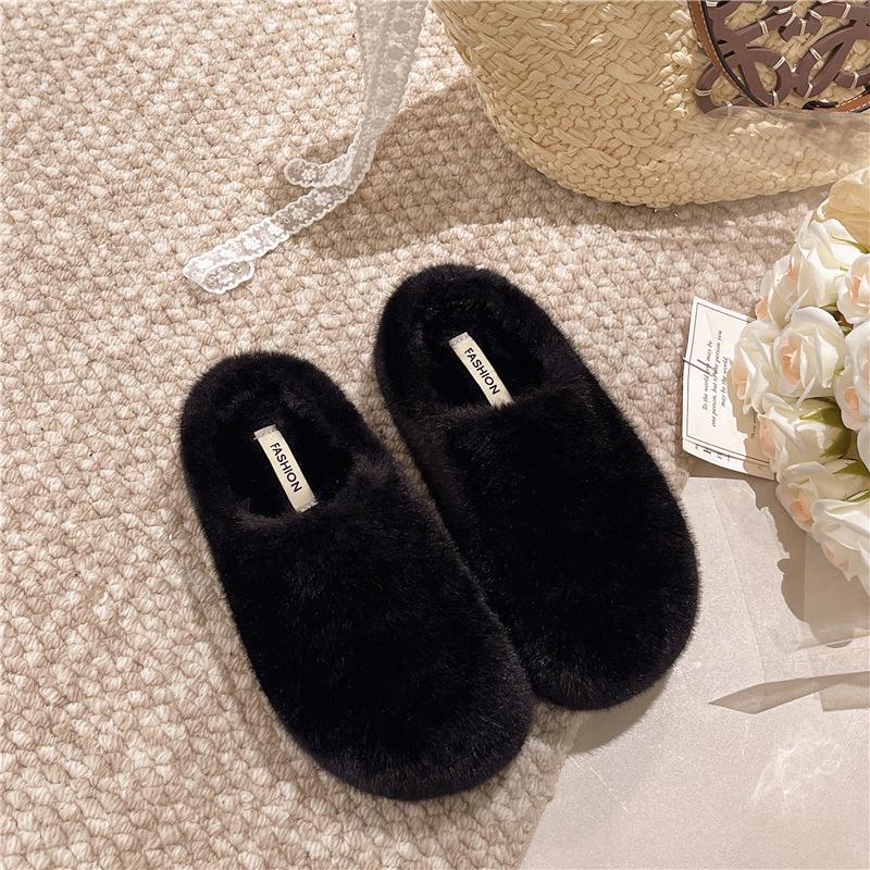 Kaninchenfell Französische flache Tasche Kopf flauschige Hausschuhe für Damen zum Tragen 2025 neue Herbst- und Winter-Ein-Pedal-Samt-Baumwollhausschuhe
