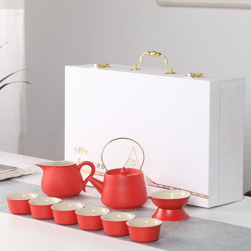 Coarse Pottery 10-Piece Teapot and Teacup Kung Fu Tea Ceramic Complete Household Simple Gift Box Set